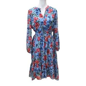 T Tahari Floral Tiered Midi Dress Smocked Waist Long Sleeve Blue Red Size XS NWT